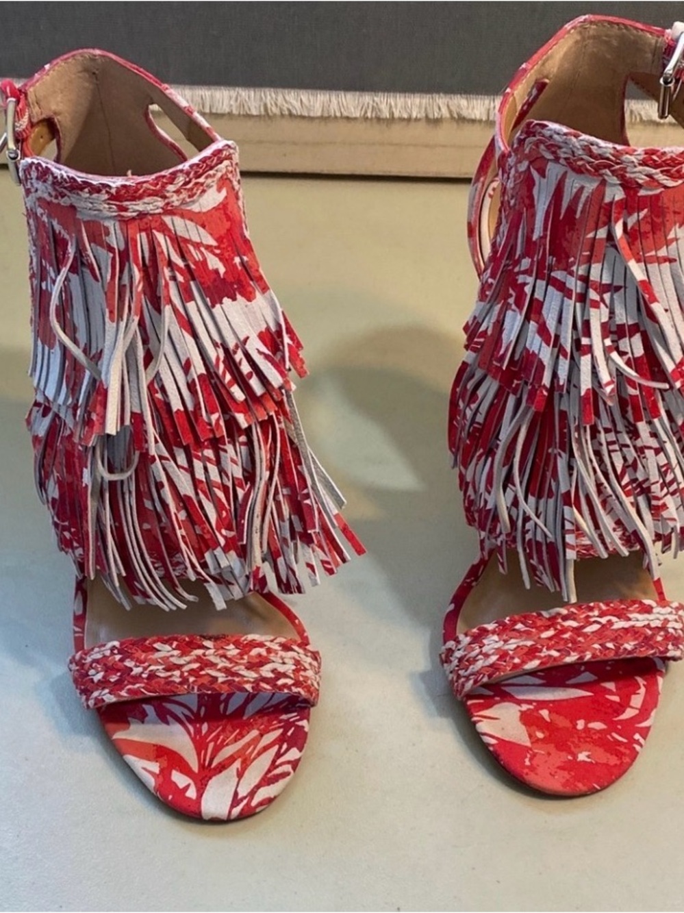 Banana Republic Red and White Fringe Braided Strap Heels